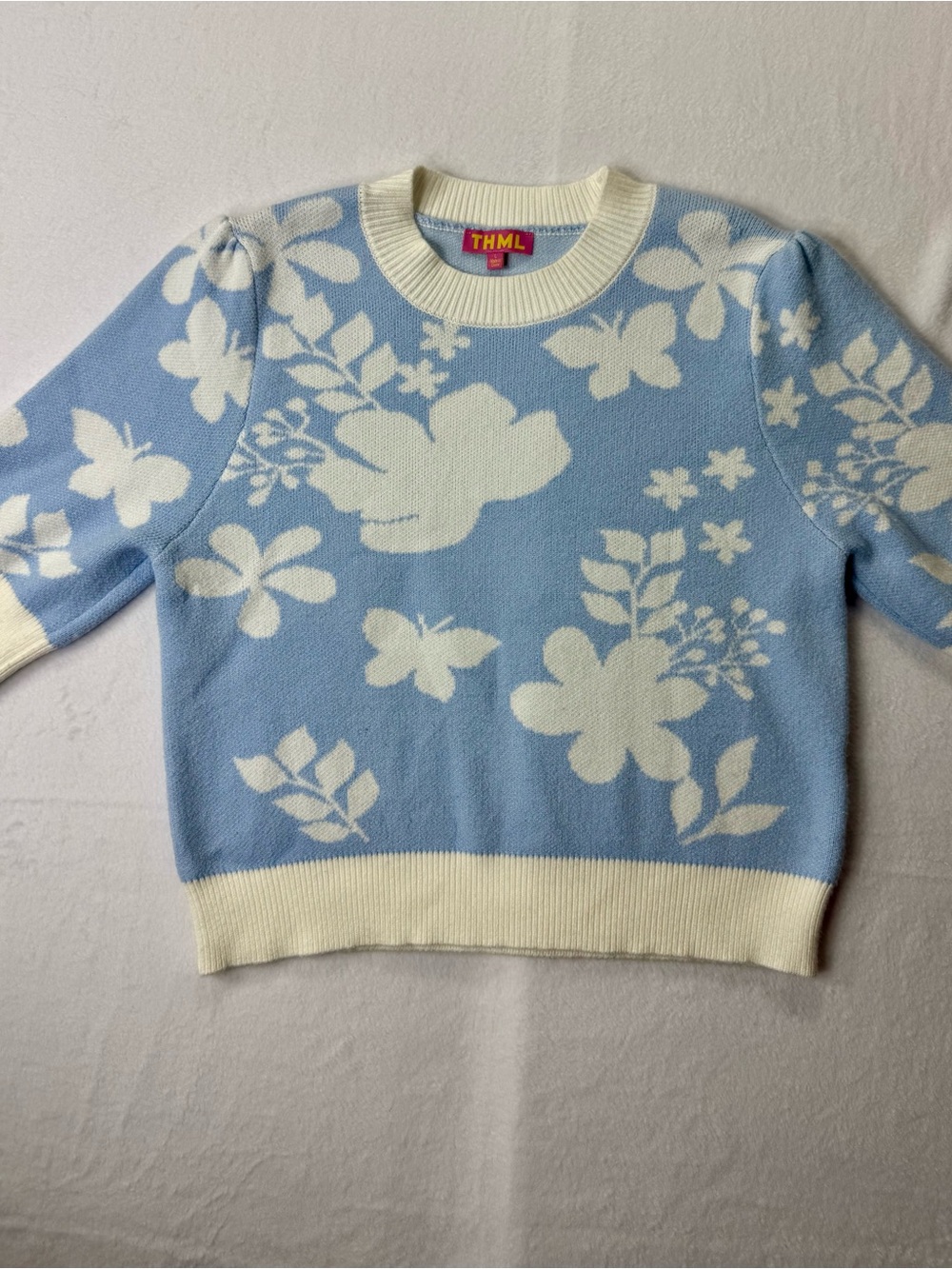 THML Women’s Large Blue & Ivory Floral Butterfly Puff Sleeve Knit Sweater Top - Picture 6 of 13